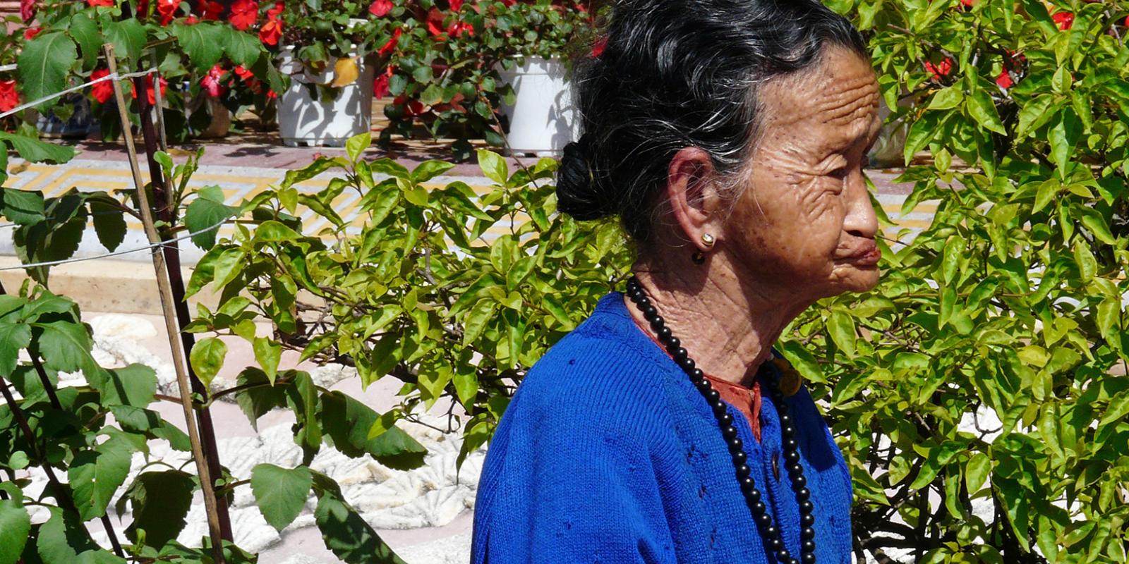 Een oude dame in een tempeltuin van Hoi An, Vietnam